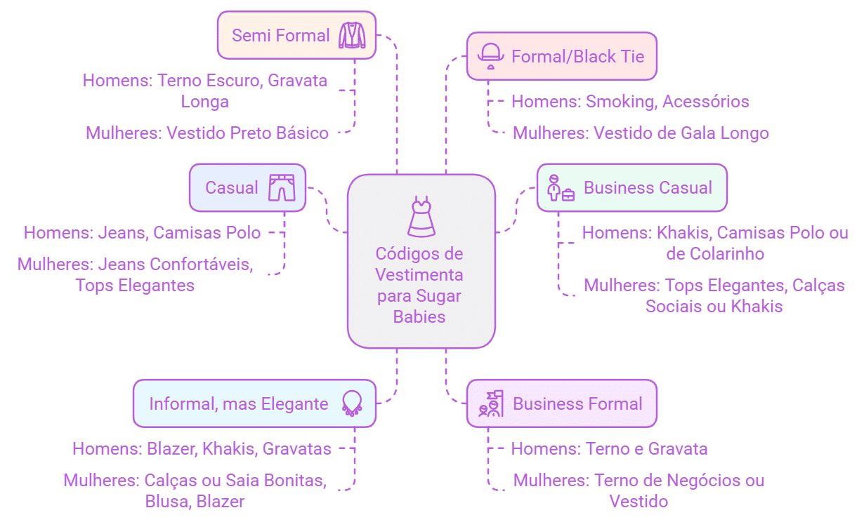 Infográfico sobre códigos de vestimenta para sugar babies, categorizado em estilos como Semi Formal (homens: terno escuro e gravata longa; mulheres: vestido preto básico), Formal/Black Tie (homens: smoking e acessórios; mulheres: vestido de gala longo), Business Casual (homens: khakis e camisas polo ou de colarinho; mulheres: tops elegantes e calças sociais ou khakis), Business Formal (homens: terno e gravata; mulheres: terno de negócios ou vestido), Informal, mas Elegante (homens: blazer, khakis, gravatas; mulheres: calças ou saias elegantes, blusa e blazer) e Casual (homens: jeans e camisas polo; mulheres: jeans confortáveis e tops elegantes). Apresenta ícones representativos e design minimalista em tons pastel.
