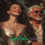 A mulher sugar baby e o homem sugar daddy riem-se com uma aura turva como num sonho, parecem muito entusiasmados, estão a delirar.