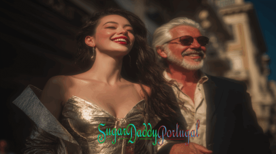 A mulher sugar baby e o homem sugar daddy riem-se com uma aura turva como num sonho, parecem muito entusiasmados, estão a delirar.