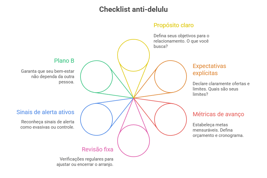 Infográfico resumo: Lista de verificação anti-delulu

Propósito claro
Defina claramente seus objetivos e motivações.

Expectativas explícitas
Comunique claramente o que oferece e espera em troca.

Métricas de avanço
Estabeleça métricas específicas para medir progresso e sucesso.

Revisão fixa
Programe revisões regulares para avaliar e ajustar a relação.

Sinais de alerta ativos
Identifique e aborde os sinais de alerta no comportamento da outra pessoa.

Plano B
Garanta que seu bem-estar não dependa da outra pessoa.