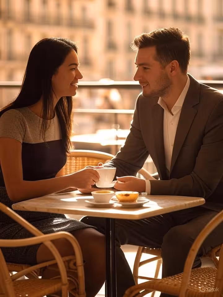 elegant couple having coffee at a traditional Portuguese café terrace in Lisbon Baixa district, past