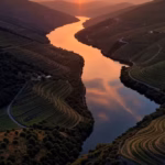 Fim de semana romântico no Douro com o teu sugar partner: guia completo Aerial panoramic view of Douro Valley Portugal at sunset, terraced vineyards on hillsides, winding r