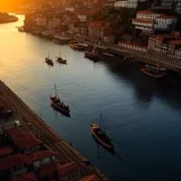Como funciona o sugar dating no Porto: guia prático e discreto Elegant Porto cityscape at golden hour with Douro river view, stone bridges and traditional rabelo b