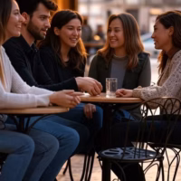 Ele quer apresentar-te aos amigos: o que significa e como reagir no sugar dating group of friends having conversation at sophisticated cafe terrace, social dynamics, Portuguese urba