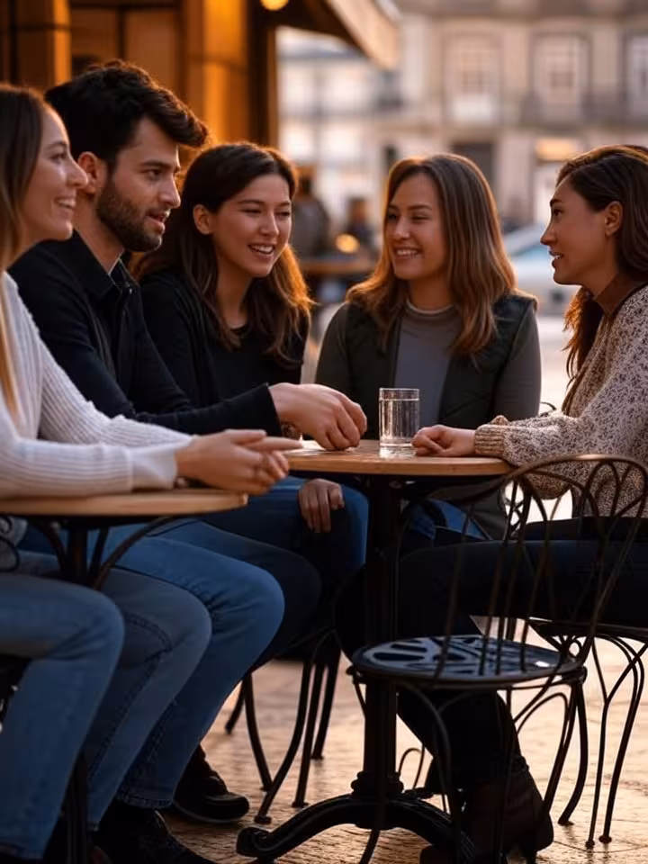 group of friends having conversation at sophisticated cafe terrace, social dynamics, Portuguese urba