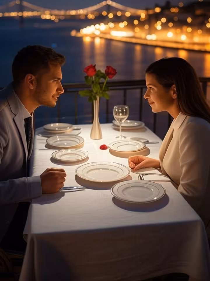 Romantic restaurant terrace overlooking Tagus river in Lisbon, evening lights reflecting on water, e