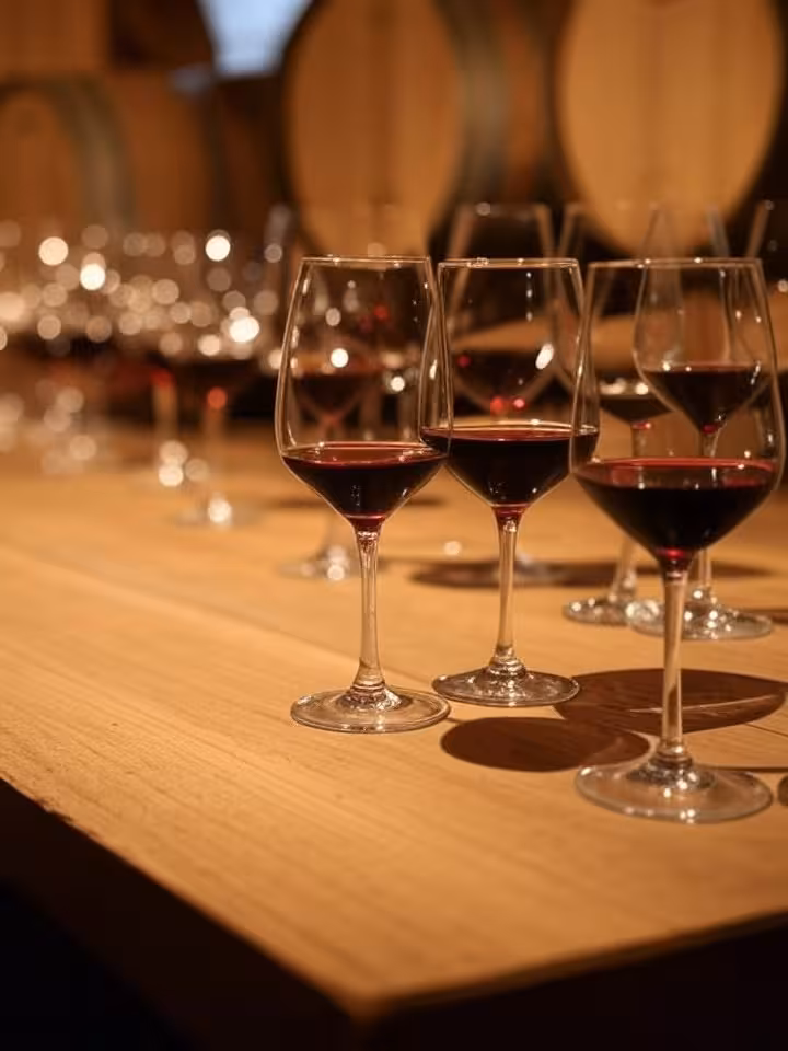 Sophisticated wine tasting scene at Porto wine cellar, oak barrels in background, elegant glassware
