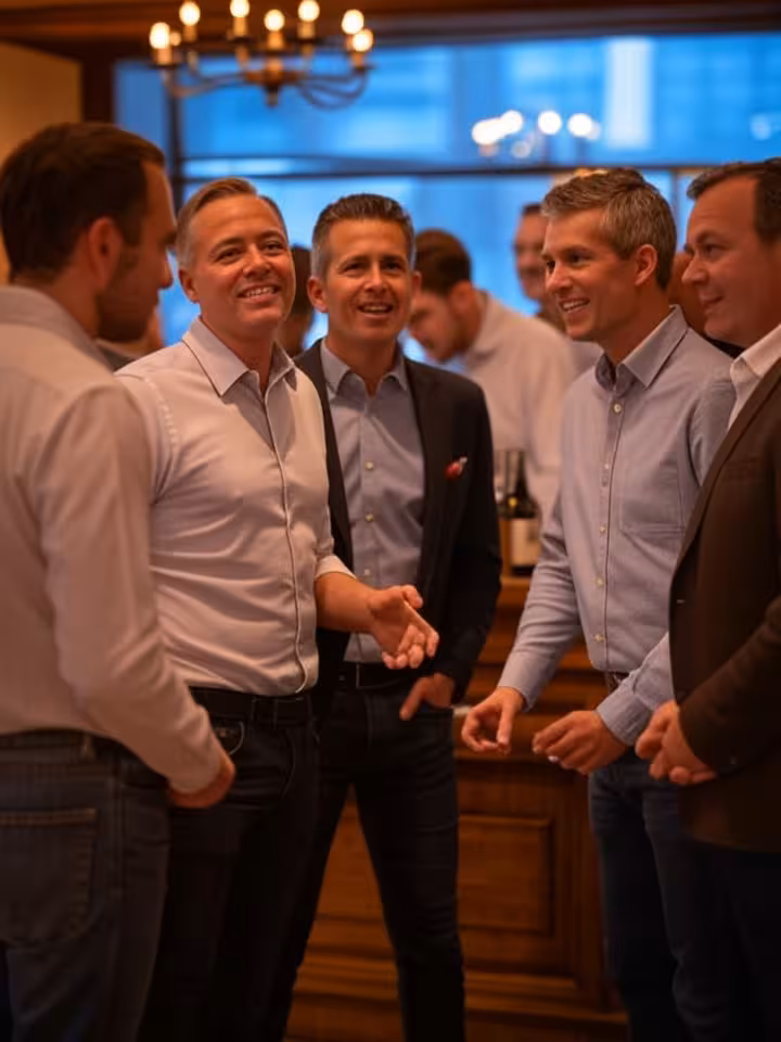 elegant social gathering at wine bar, diverse group conversation, refined ambiance, warm interior li