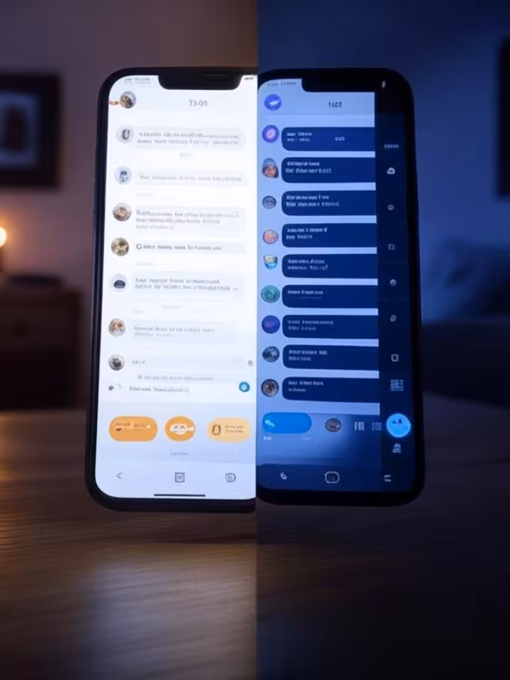 Split screen composition showing gradual communication decline, messaging app interface fading from 