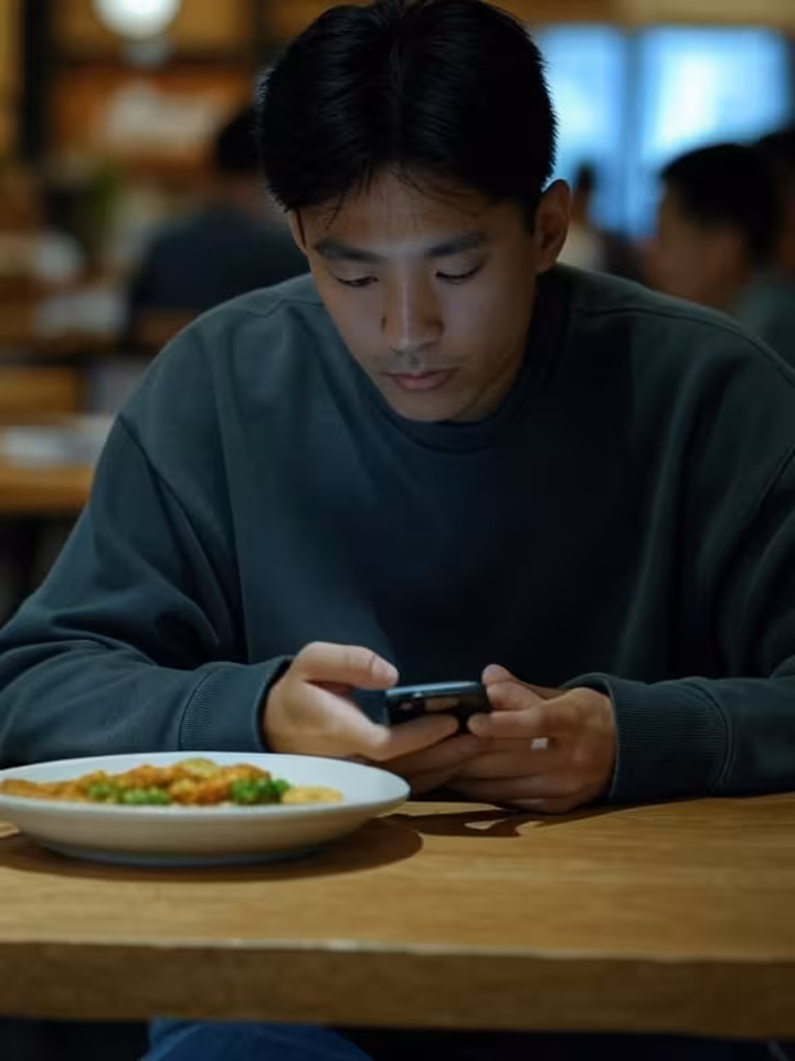Primeiro plano de mãos a escrever num telemóvel com expressão de tédio, sentadas sozinhas à mesa de um restaurante com comida por tocar
