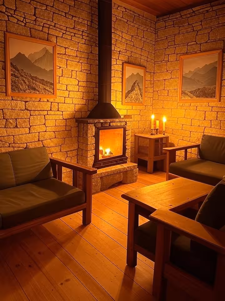 Cozy romantic stone cottage interior Serra da Estrela, crackling fireplace, warm candlelight, rustic
