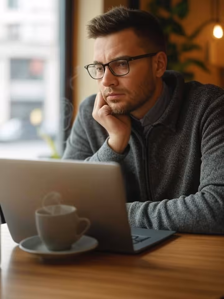 Professional individual in contemplative pose with laptop and coffee, comfortable urban setting, rep