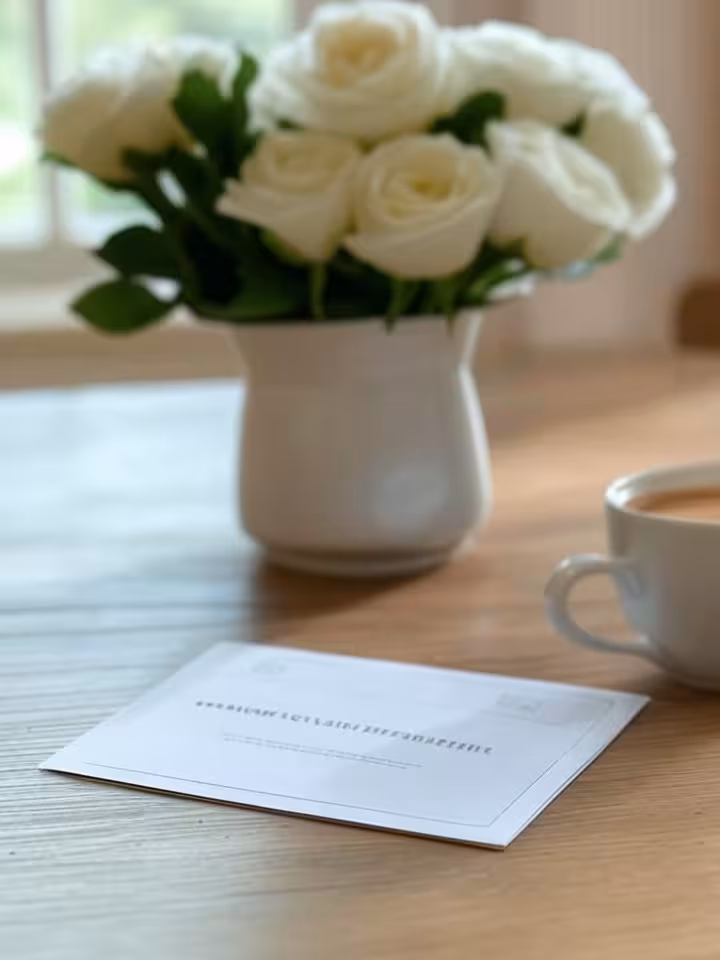Luxury experience voucher next to fresh flowers and coffee cup, minimal aesthetic, soft focus backgr