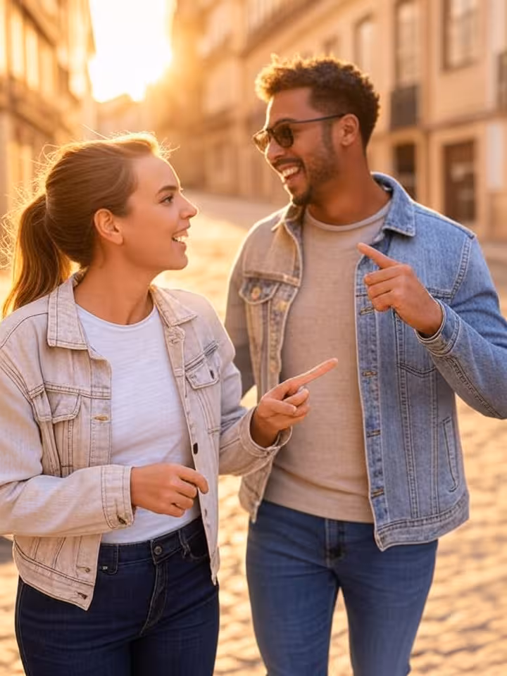 Casal jovem a explorar uma rua histórica portuguesa, a rir e a apontar para a arquitetura em redor
