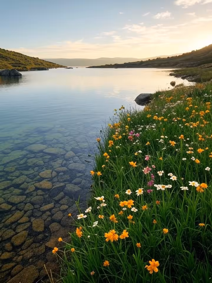 Hidden glacial lagoon Lagoa Comprida Serra da Estrela, crystal clear water reflecting sky, wildflowe