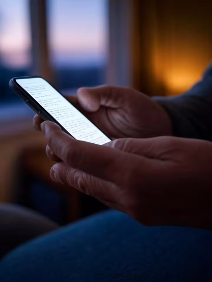 Close-up of hands typing final message on phone, soft natural lighting, dignified closure moment, ma