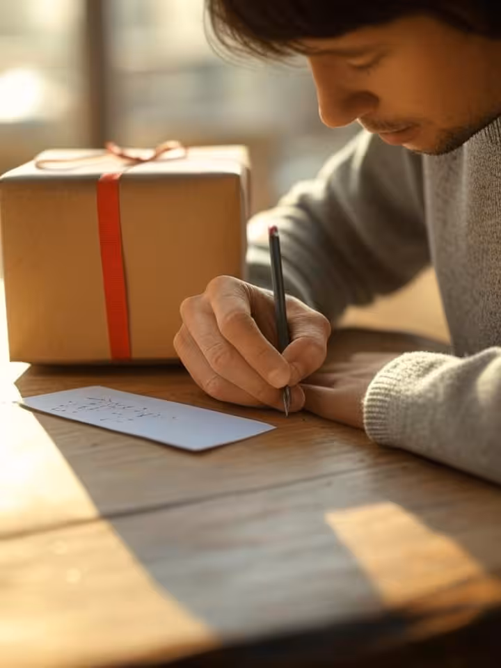 Person writing thoughtful note next to wrapped present, intimate close-up, shallow depth of field, w