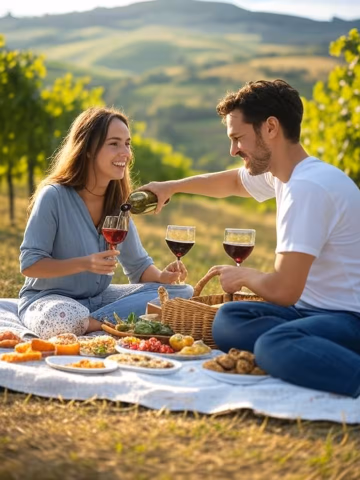 Piquenique romântico ao ar livre, com vinho e comida sobre uma manta e vista para uma paisagem de vinhas