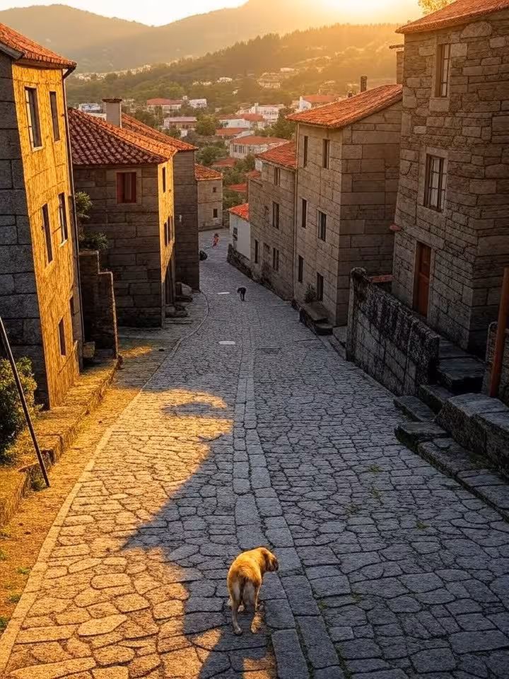 Traditional Portuguese mountain village Sabugueiro stone houses, narrow cobblestone streets at sunse