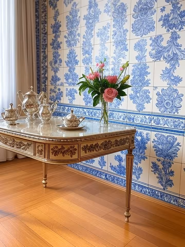 Elegant Portuguese azulejo tiles background with luxury accessories, cultural fusion aesthetic, soft