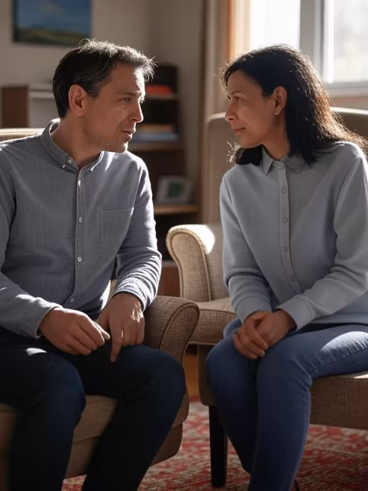 Duas pessoas a ter uma conversa séria mas respeitosa, num ambiente privado e acolhedor, sentadas frente a frente