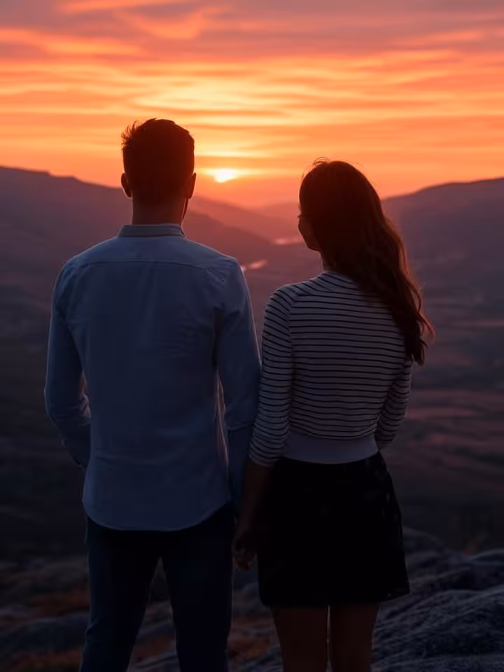 Couple silhouette watching sunset over Serra da Estrela valleys, dramatic mountain vista, romantic o