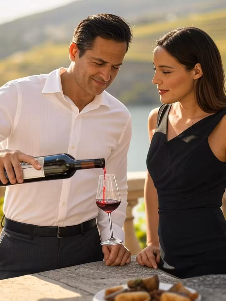Homem português a servir vinho para mulher elegante em terraço privado no Douro