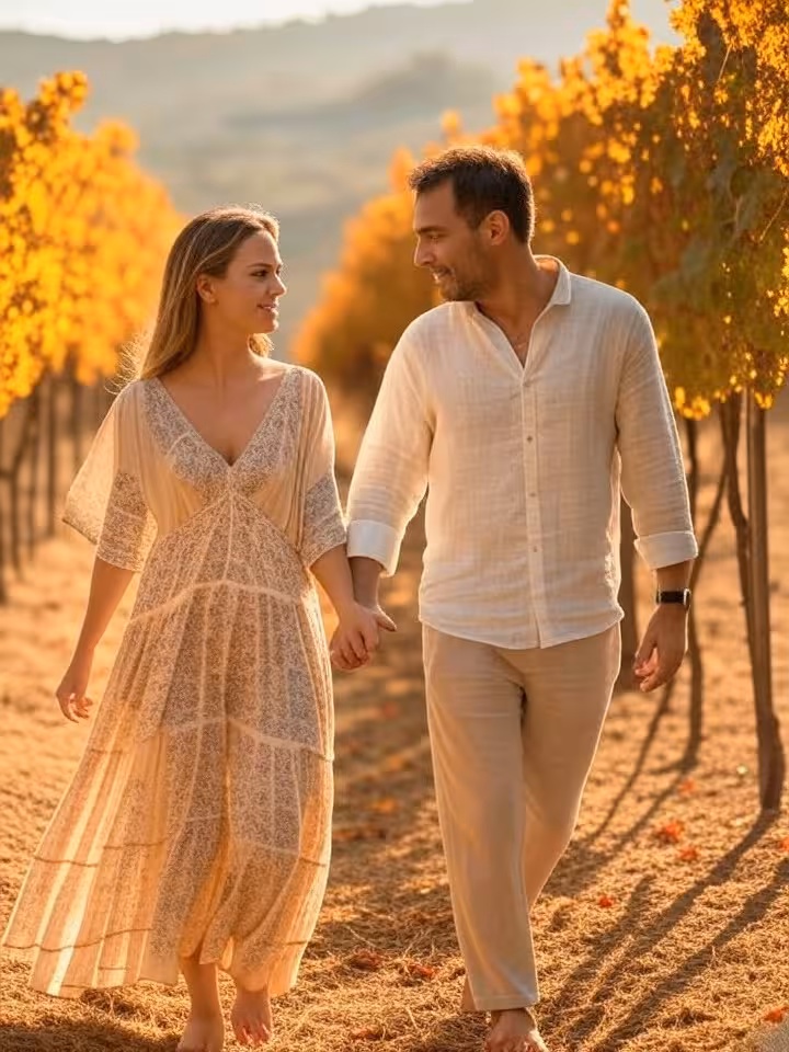 Casal português a passear entre as vinhas de uma quinta do Douro no outono