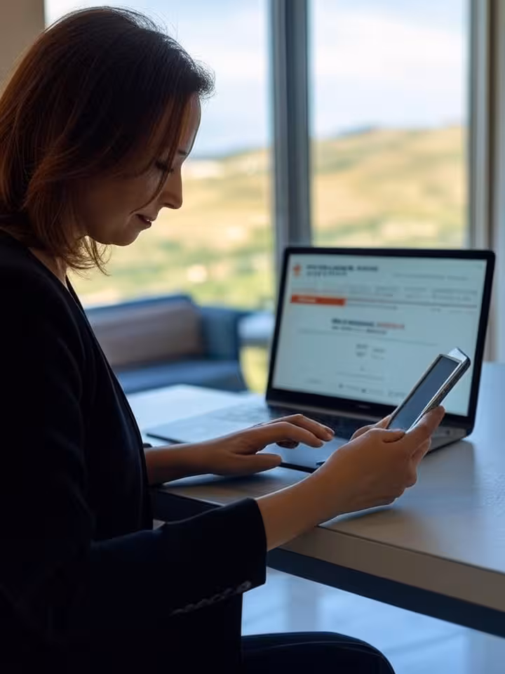 Mulher portuguesa a planear visita a quinta do Douro no computador