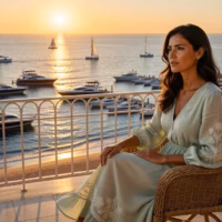 Praia ou montanha: o que a escolha diz sobre ele? Mulher elegante contemplando o oceano Atlântico numa esplanada em Cascais