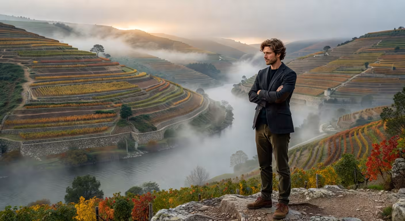 Homem contemplativo observando as vinhas em socalcos do vale do Douro