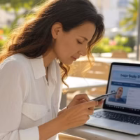 Lisboa é a melhor cidade para sugar dating? Mulher elegante a navegar em plataforma de sugar dating numa esplanada do Príncipe Real em Lisboa