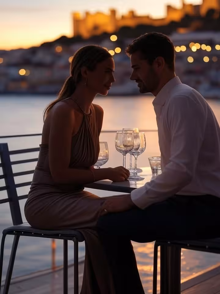 Casal a apreciar cocktails ao pôr do sol num rooftop bar em Lisboa com vista para o castelo
