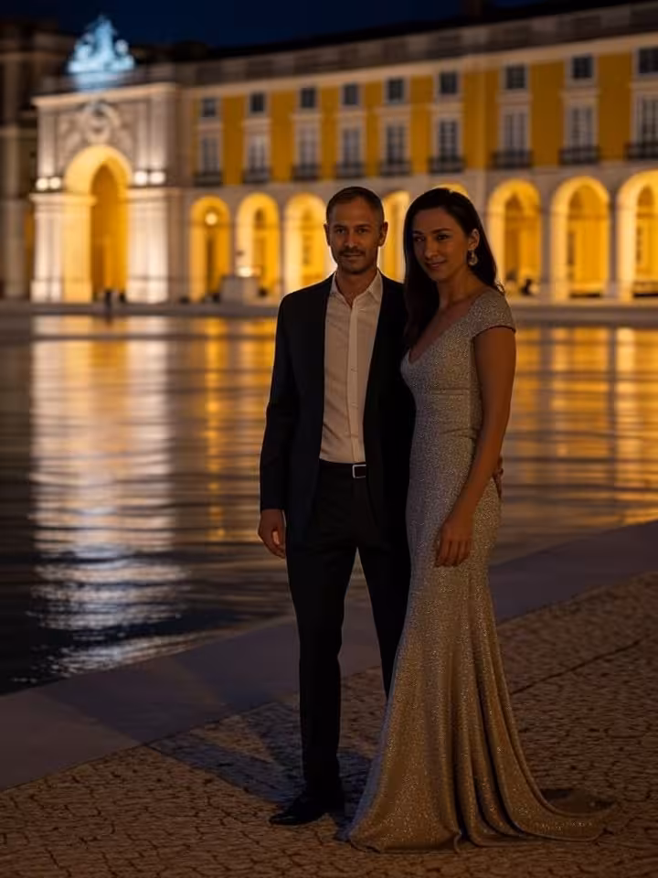 Casal elegante junto ao Tejo com a Praça do Comércio iluminada ao fundo em Lisboa